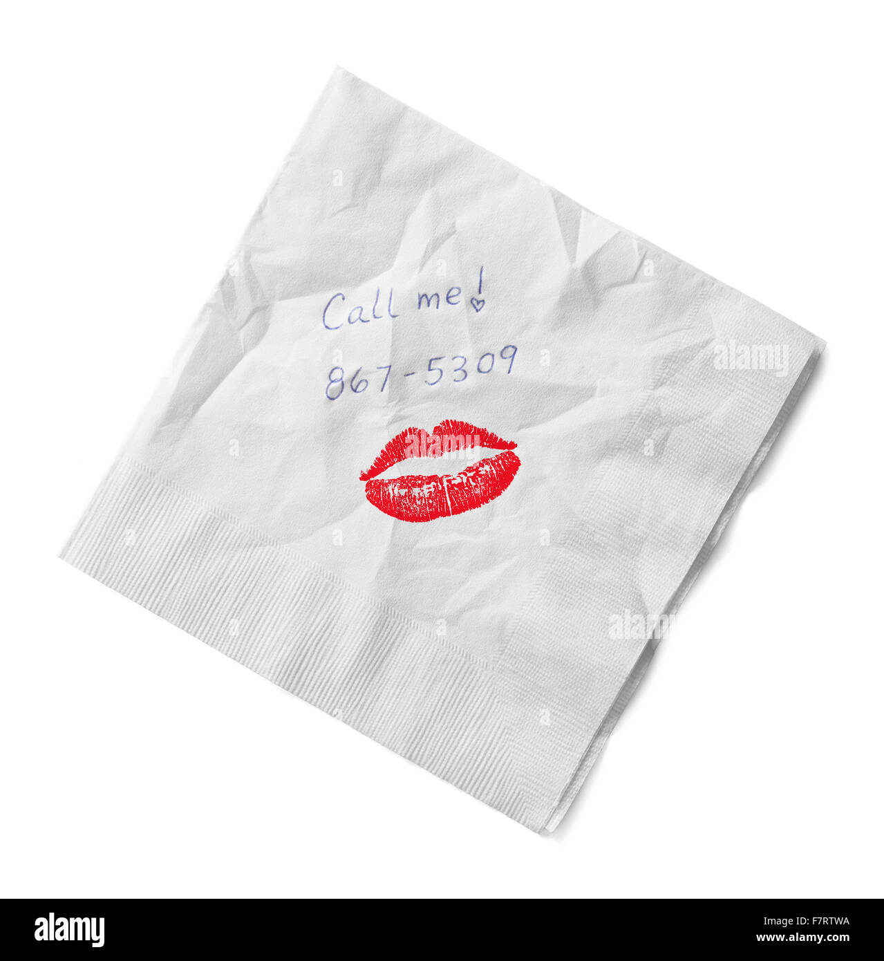 Cocktail Napkin with Kiss and Phone Number Isolated on White Background. Stock Photo