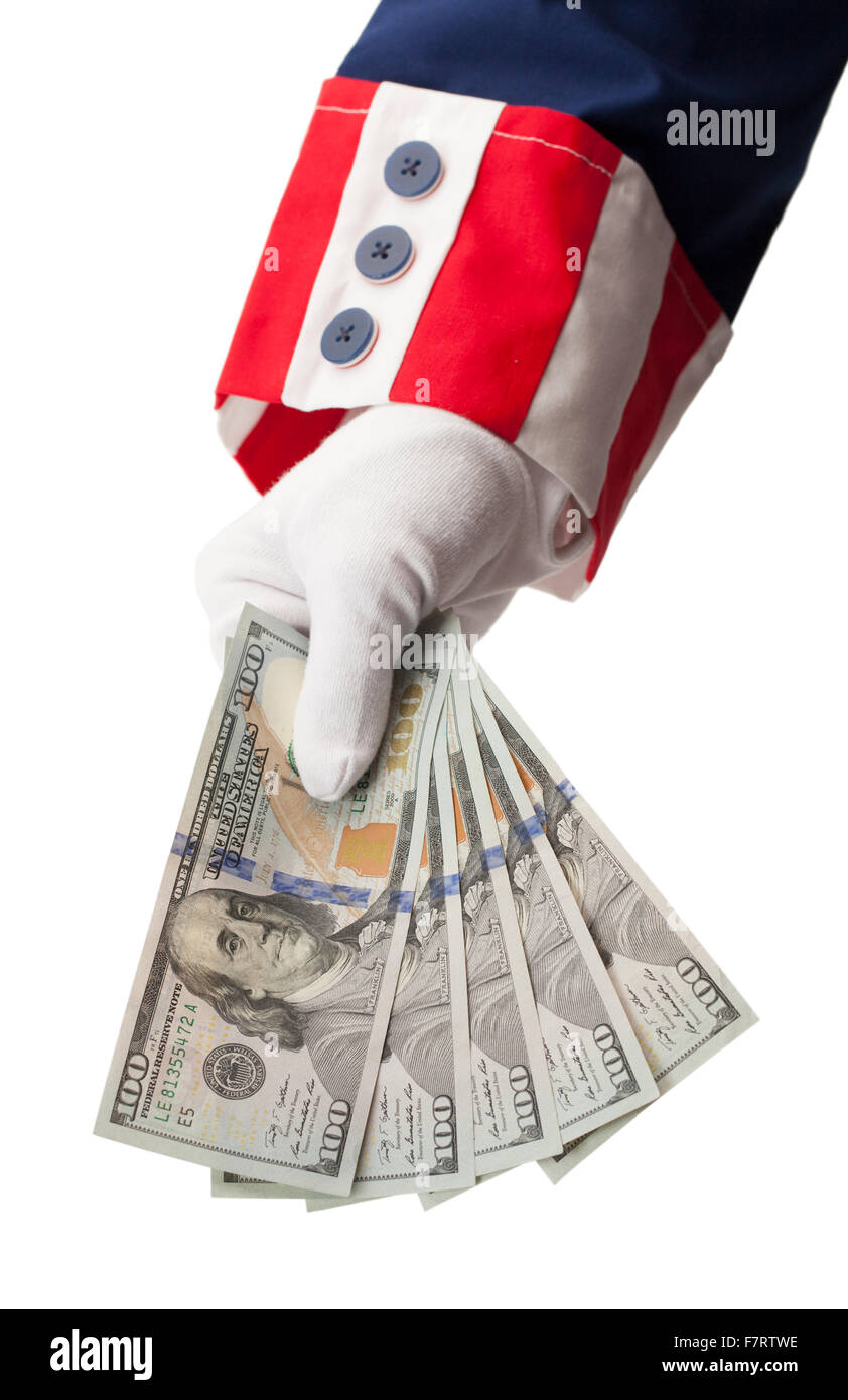 Uncle Sam Handing Holding Money Isolated on White Background. Stock Photo