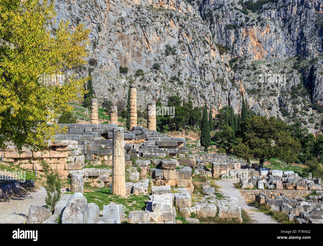 ruins of Apollo temple in Ancient Delphi, Greece Stock Photo - Alamy