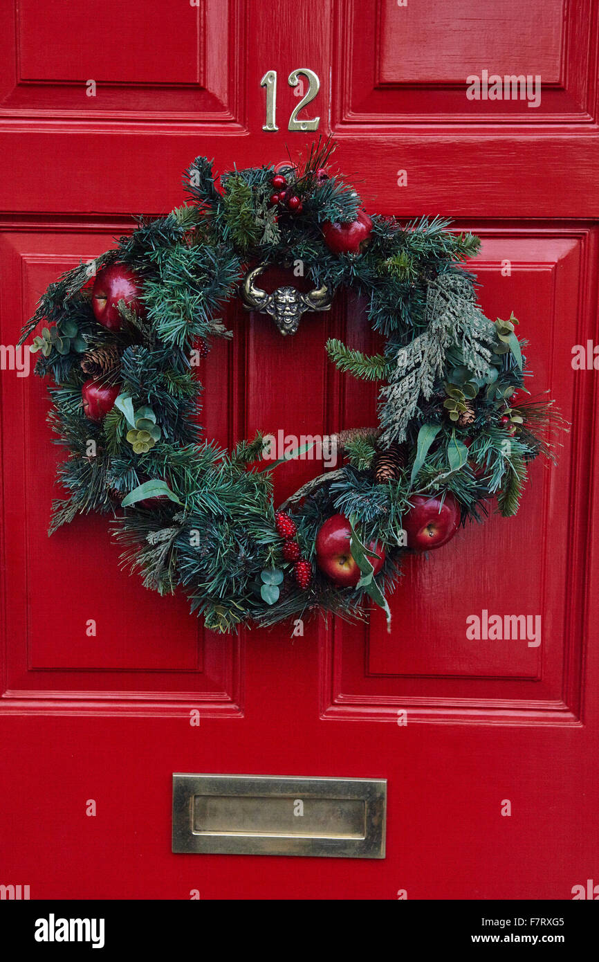 Christmas Wreath On Red Front Door Stock Photo 90880165 Alamy