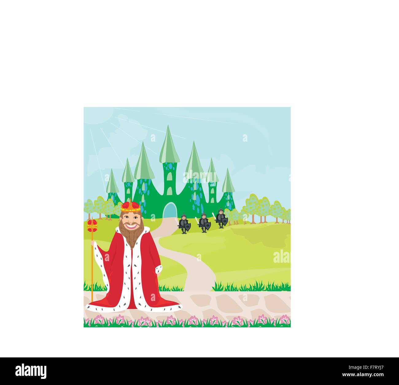smiling King looks at the castle Stock Vector