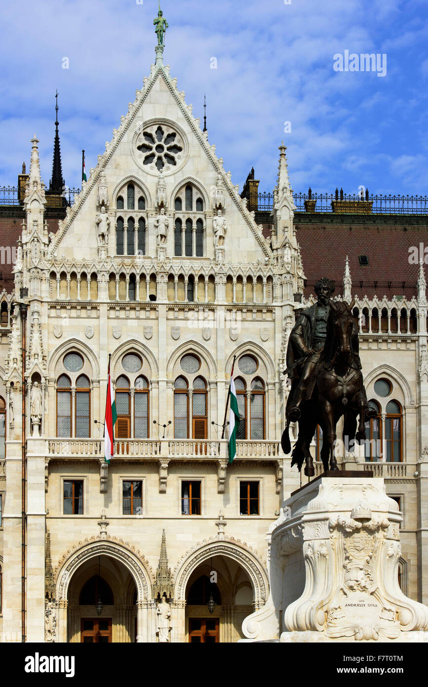 Statue of count Andrássy Gyula at Parliament, Országház, at Kossuth Lajos tér in Budapest, Hungary UNESCO-world heritage Stock Photo