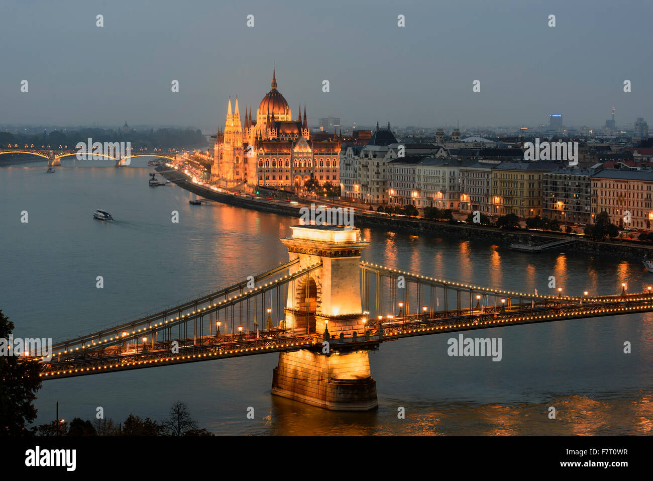 View from Buda on chainbridge, Pest Danube bank and parliament  Budapest, Hungary UNESCO-world heritage Stock Photo