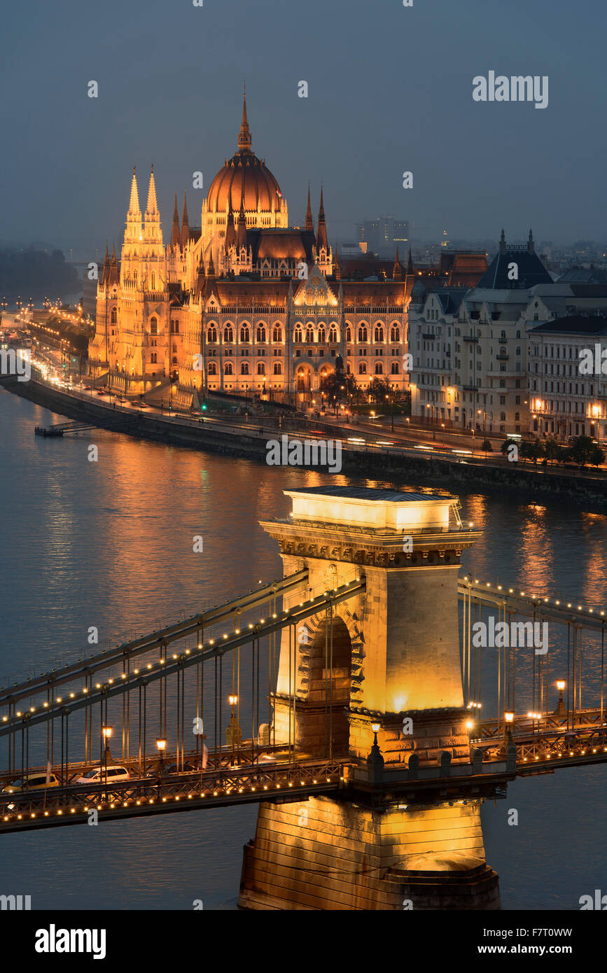 View from Buda on chainbridge, Pest Danube bank and parliament  Budapest, Hungary UNESCO-world heritage Stock Photo