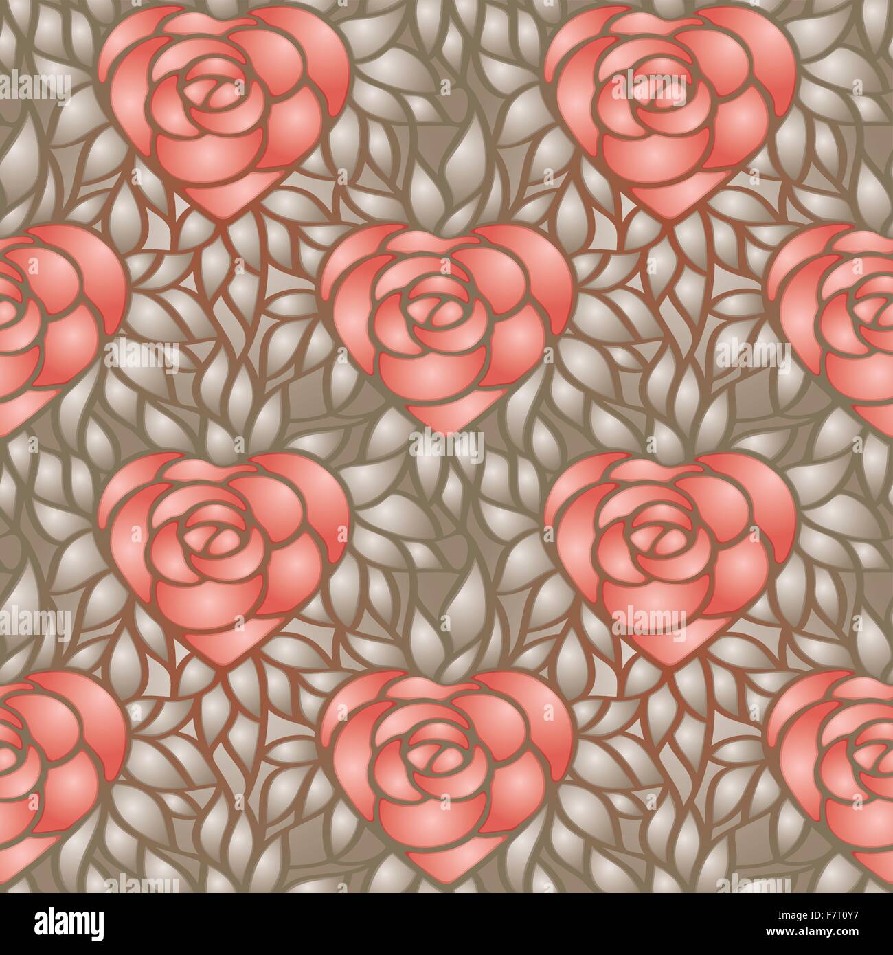 heart shaped rose and gold leaves vector seamless pattern for background F7T0Y7