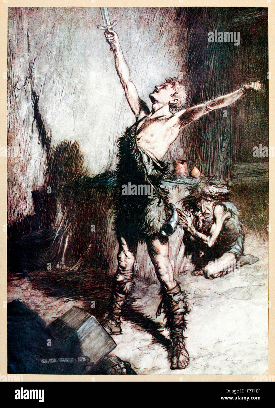 ''Nothung! Nothung! Conquering sword!'' from 'Siegfried & The Twilight of the Gods' illustrated by Arthur Rackham (1867-1939). See description for more information. Stock Photo