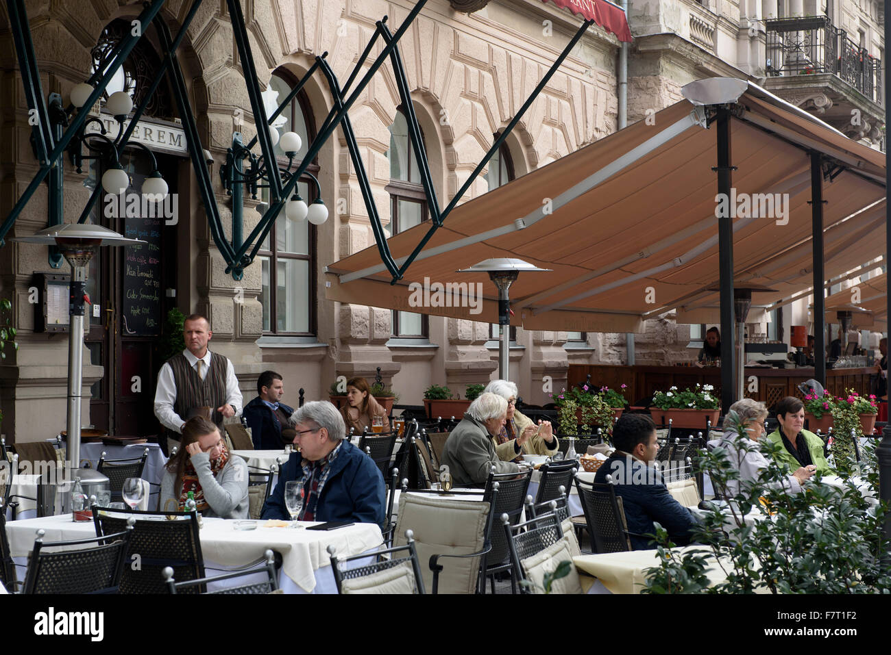 Restaurant at  Danube corso, Dunakorzó, Budapest, Hungary, UNESCO-world heritage Stock Photo