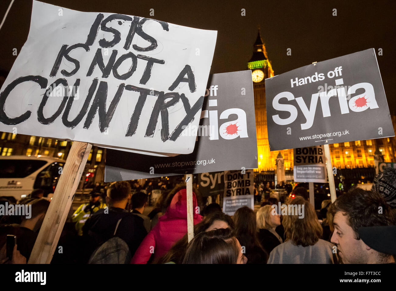 London, UK. 2nd December, 2015. Stop The War Protest outside Westminster’s Parliament buildings ahead of the vote on extending airstrikes against Isis to Syria. Credit:  Guy Corbishley/Alamy Live News Stock Photo