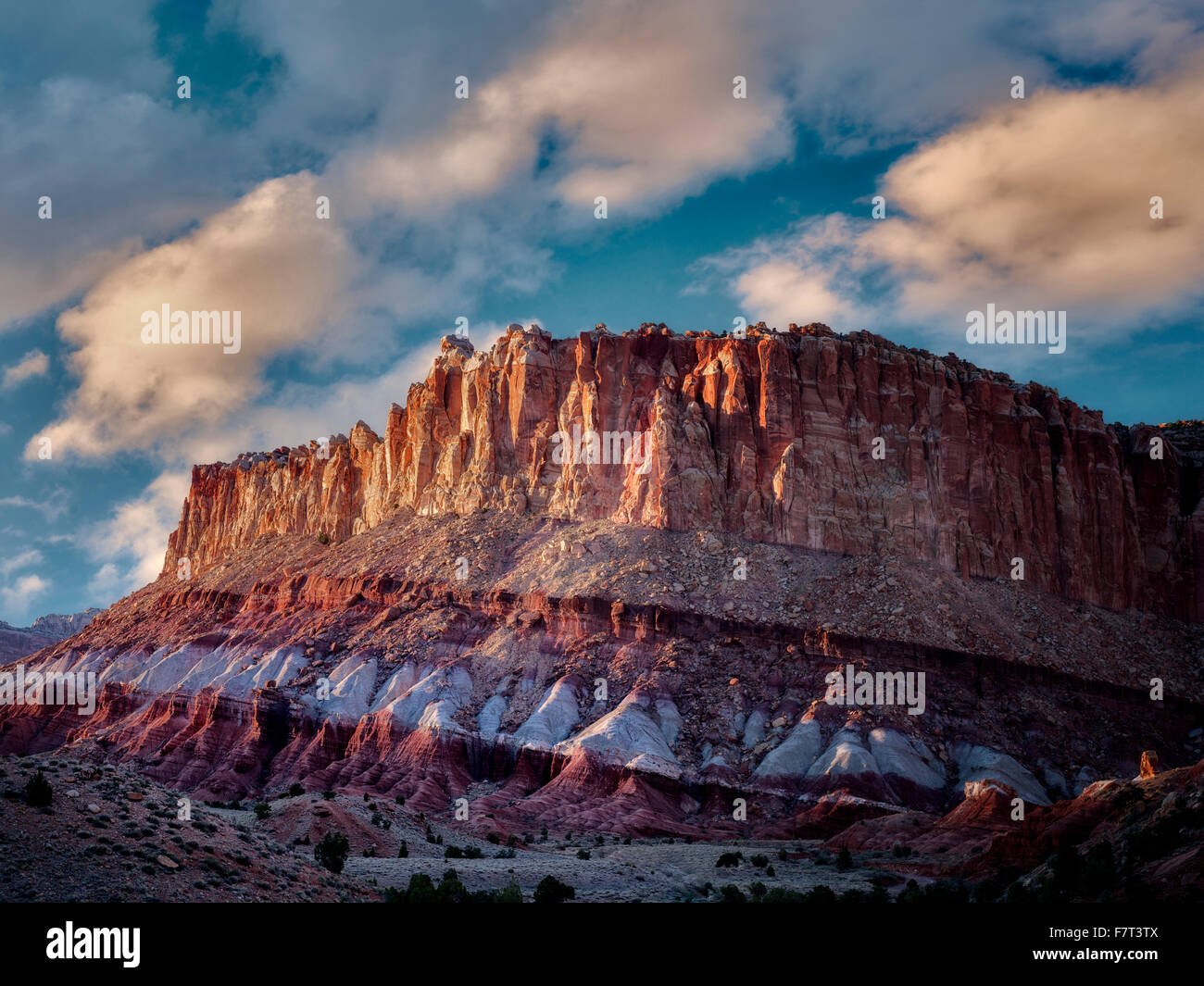 Rock formations at sunset. The Hartnet South Desert Waterpocket Fold, Capitol Reef National Park, Utah Stock Photo