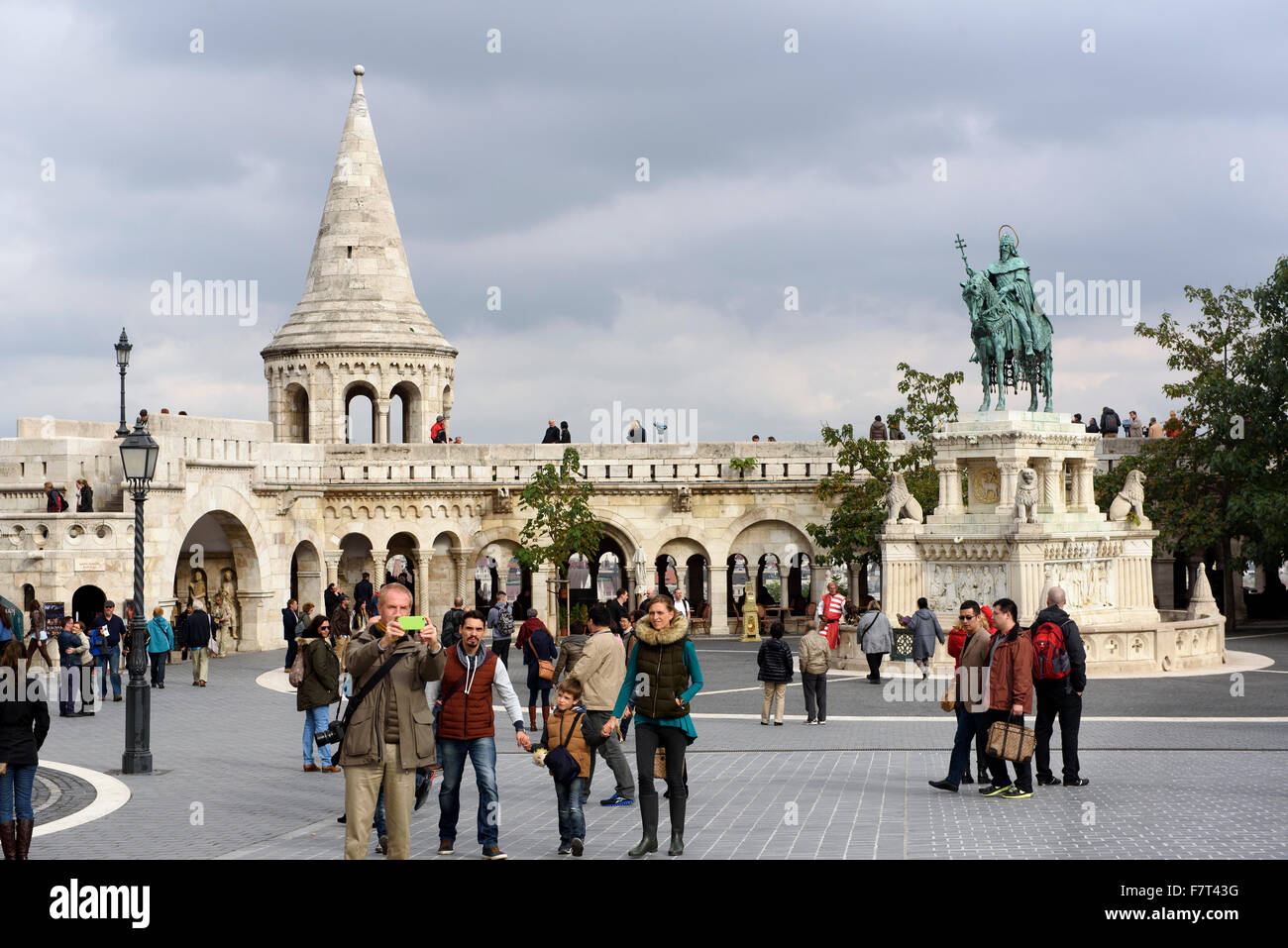 Equestrian statue of St. Stephan and fisherman's bastion Helászbástya on castle hill, Budapest, Hungary, Europe, world heritage Stock Photo