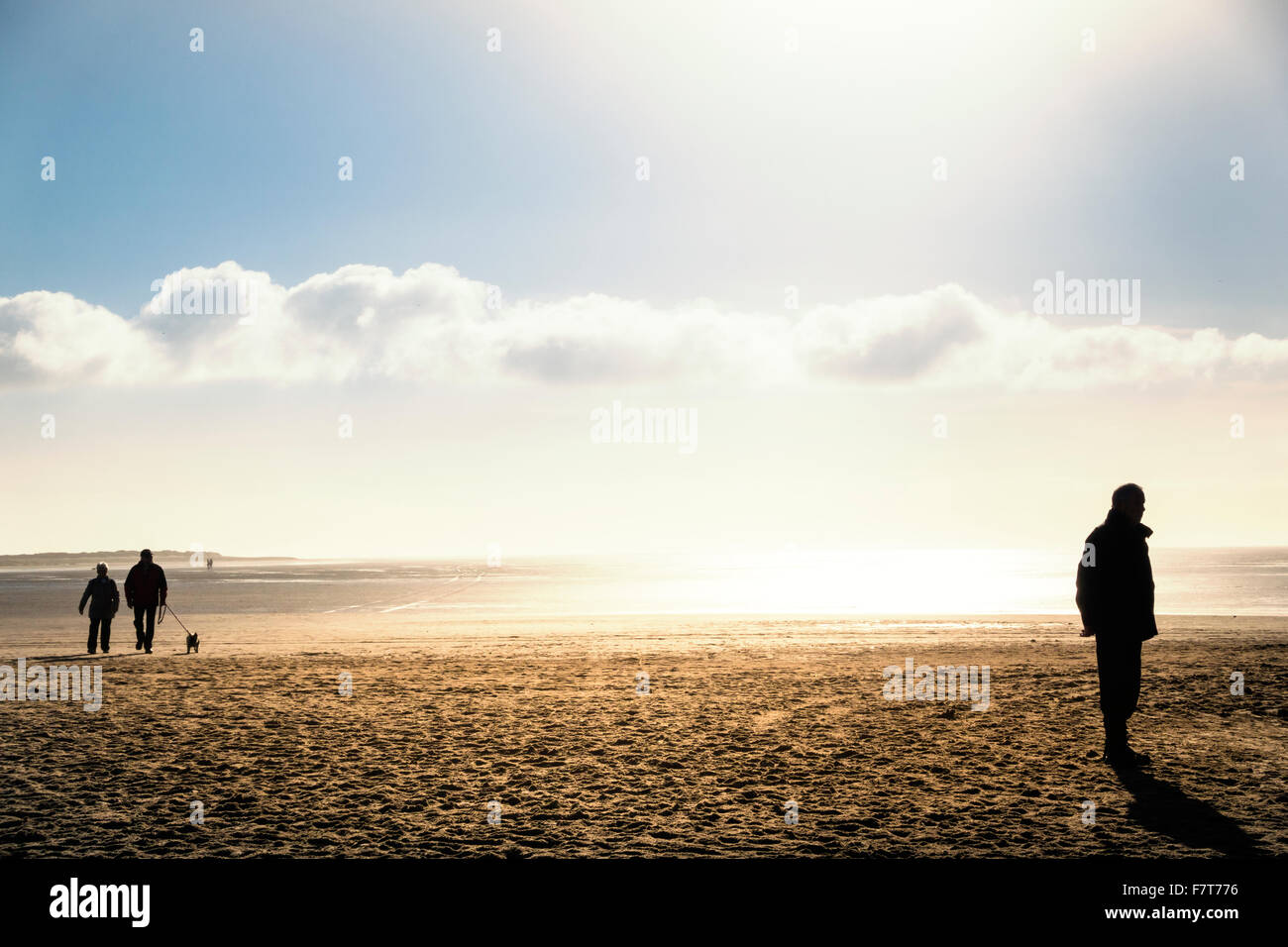 People walking on the beach in autumn, backlit, Sankt Peter Ording, Schleswig-Holstein, Germany Stock Photo