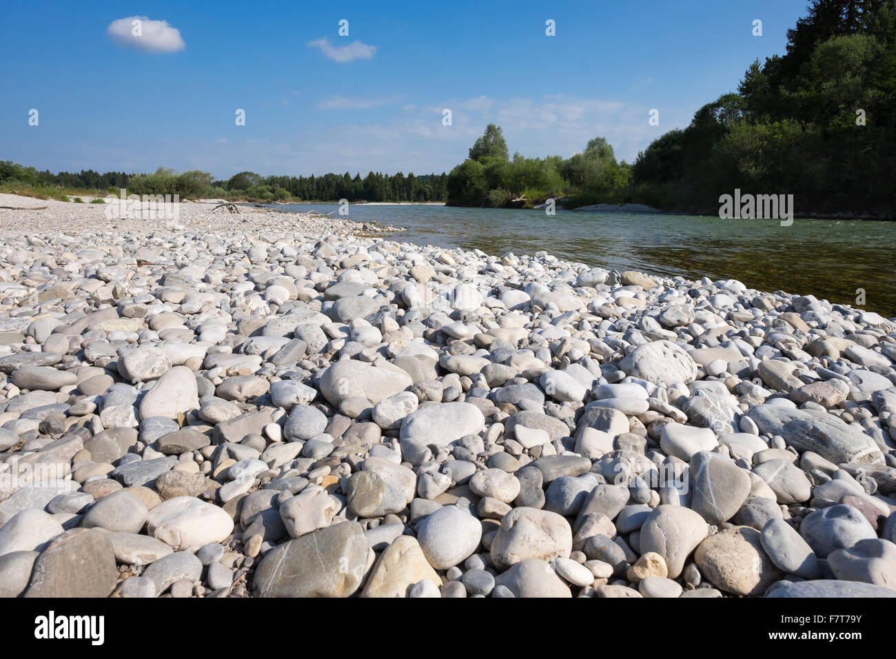 Pebble riverbank by the river Isar, nature reserve Isarauen at Geretsried, Upper Bavaria, Bavaria, Germany Stock Photo