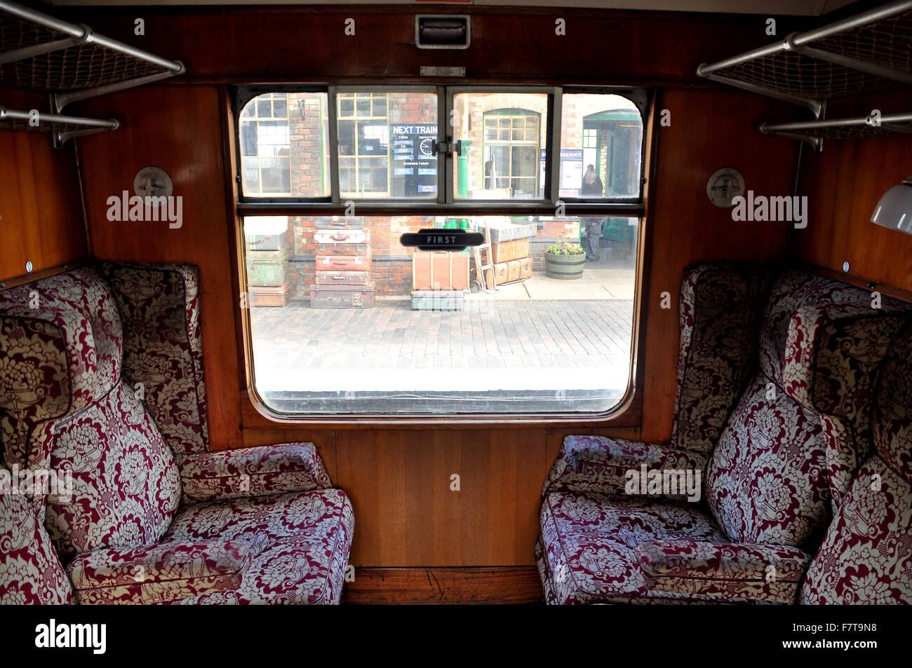 Empty compartment First Class, historic steam train North Norfolk Railway Poppy Line, Sheringham, Norfolk, United Kingdom Stock Photo