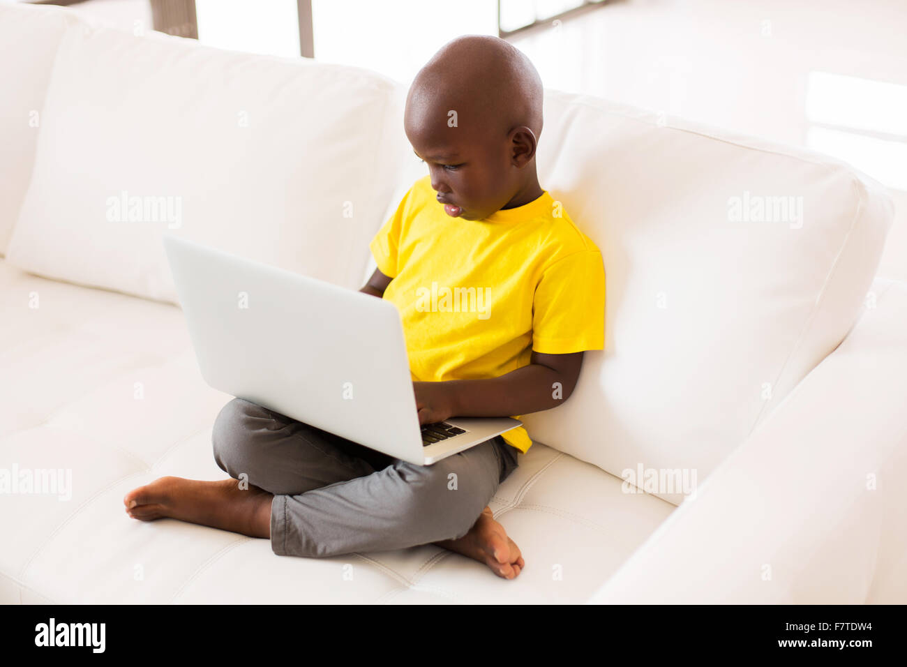 overhead view of little boy using laptop on sofa at home Stock Photo ...