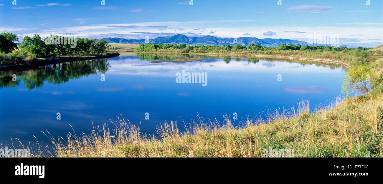 panorama of the missouri river and adel mountains near ulm, montana