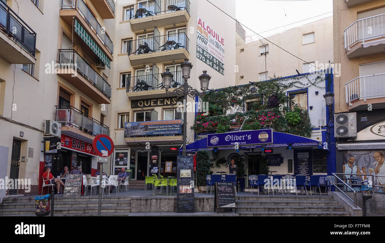 Benidorm Alicante Province Costa Blanca Spain. Oliver's pub and Queens  hotel in gay quarter of old town Stock Photo - Alamy