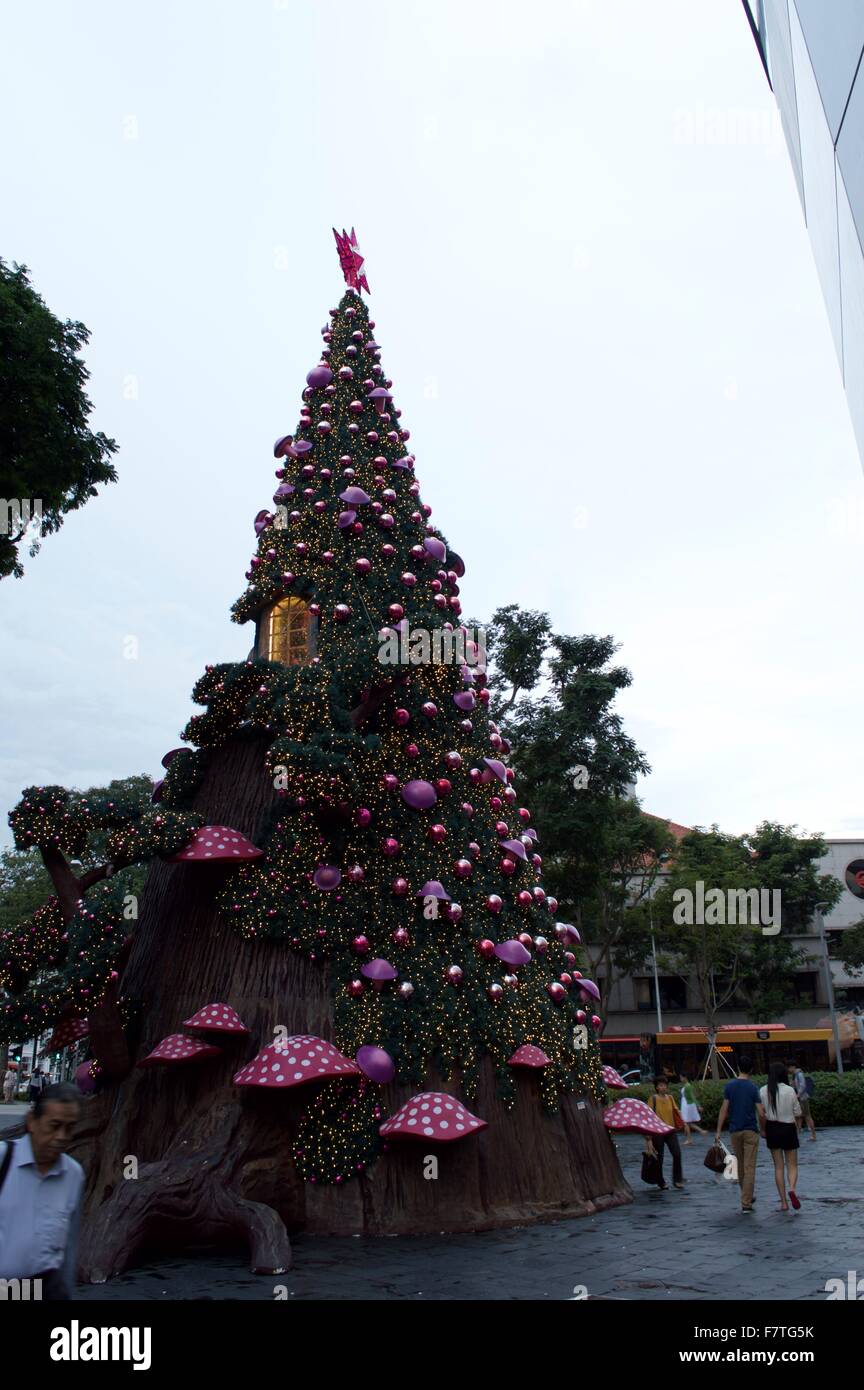 Beautiful Christmas tree outside shopping mall Stock Photo