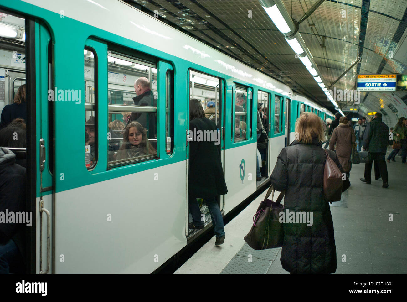 France, Paris, Boarding a metro train Stock Photo