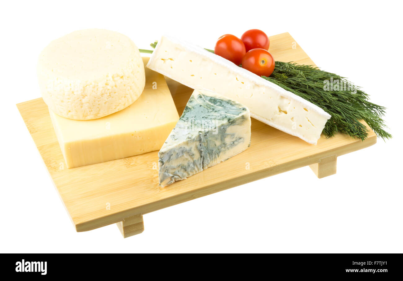 Variety of cheese ementaler, gouda, Danish blue soft cheese and other