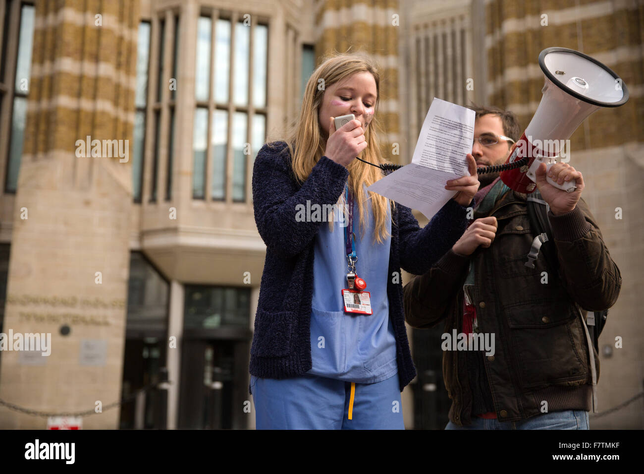 London, UK. 2nd December, 2015. Danielle Tiplady, a student nurse, speaks out against the removal of NHS bursaries outside the Department of Health. Credit:  Mark Kerrison/Alamy Live News Stock Photo