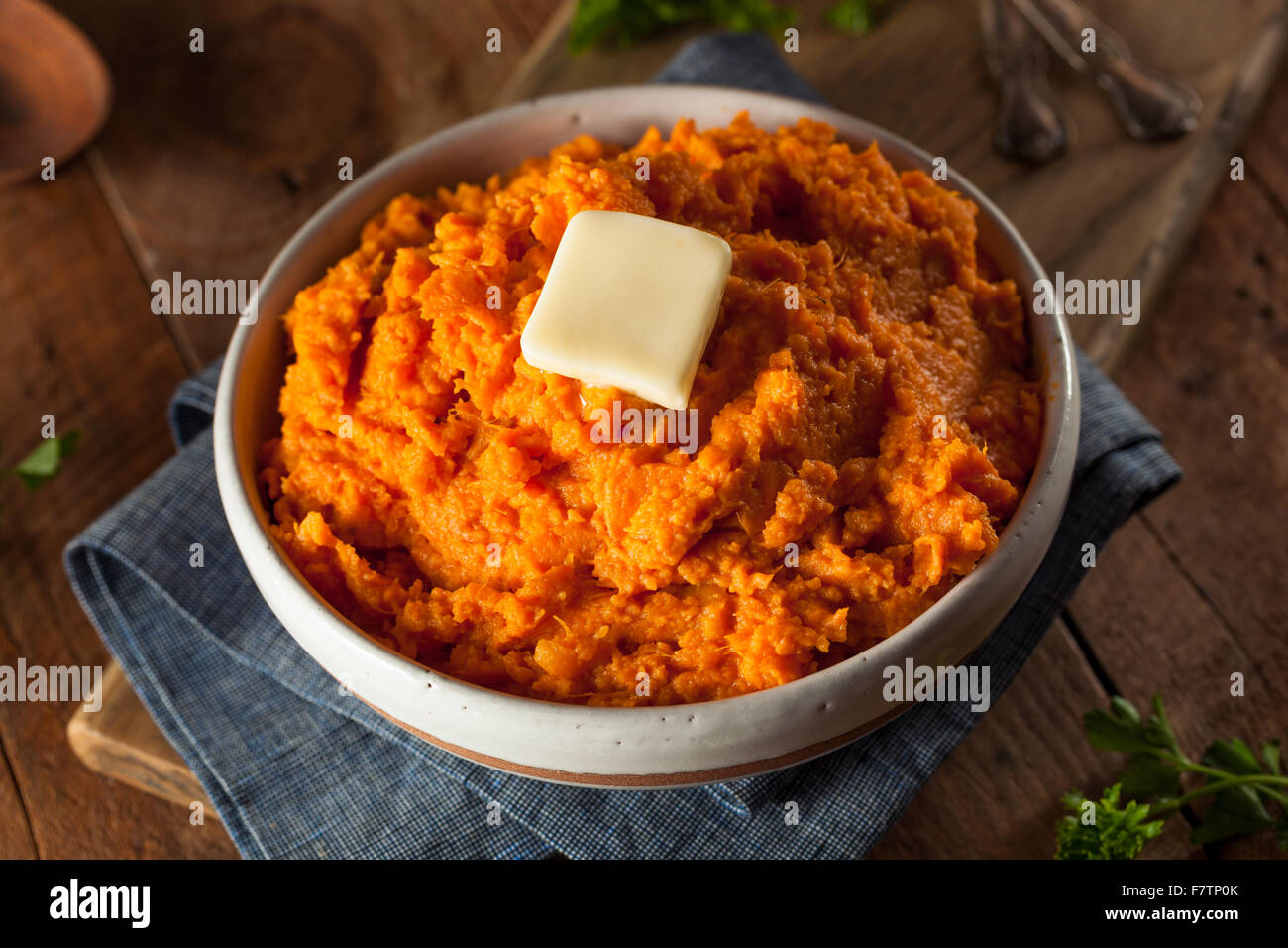 Organic Homemade Mashed Sweet Potatoes with Butter Stock Photo