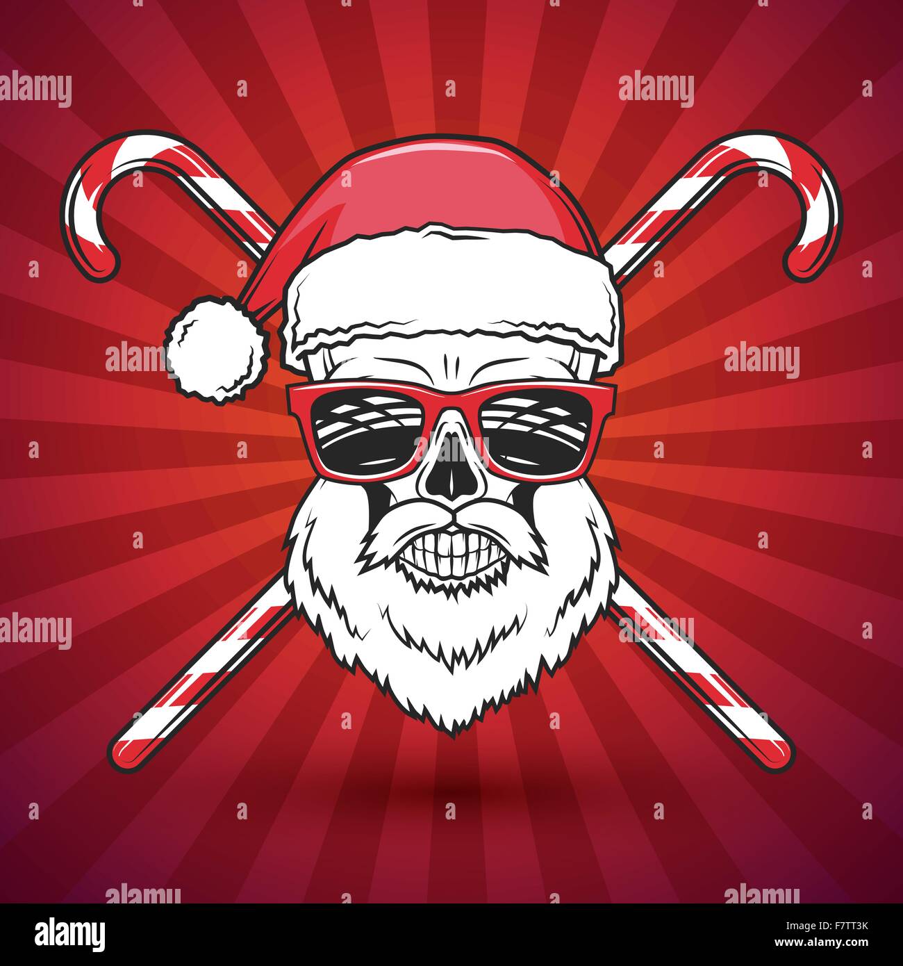 Bad Santa Claus biker with candy cones print design. Vintage Heavy metal Christmas portrait. Rock and roll new year t-shirt illustration. Stock Vector