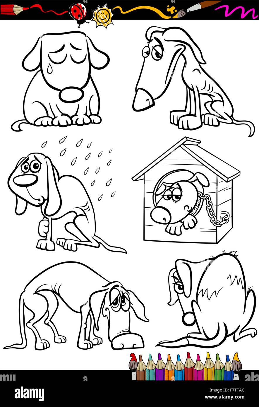 sad dogs group cartoon coloring book Stock Vector