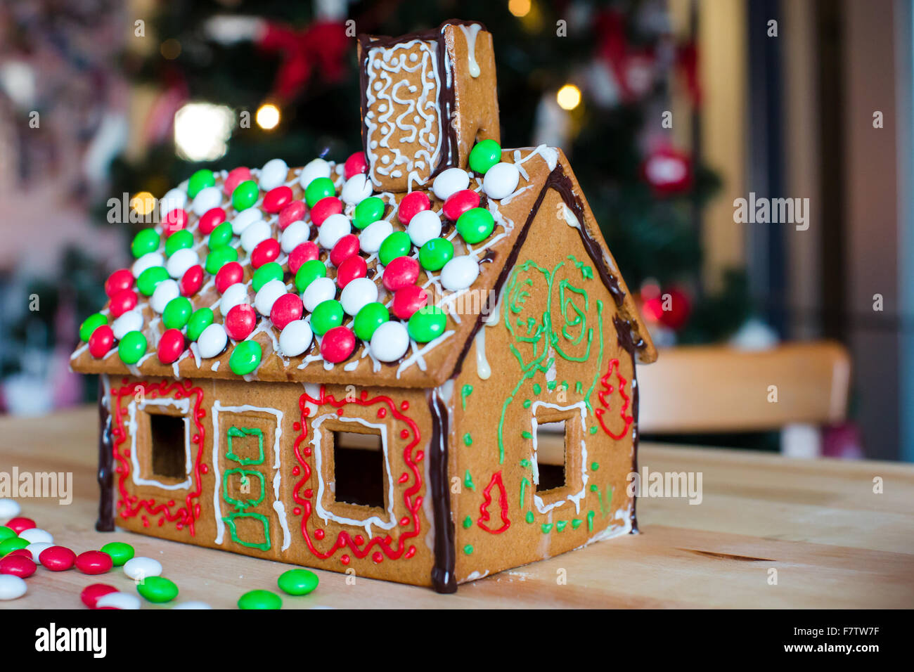 Gingerbread cookie and candy ginger house background Christmas tree