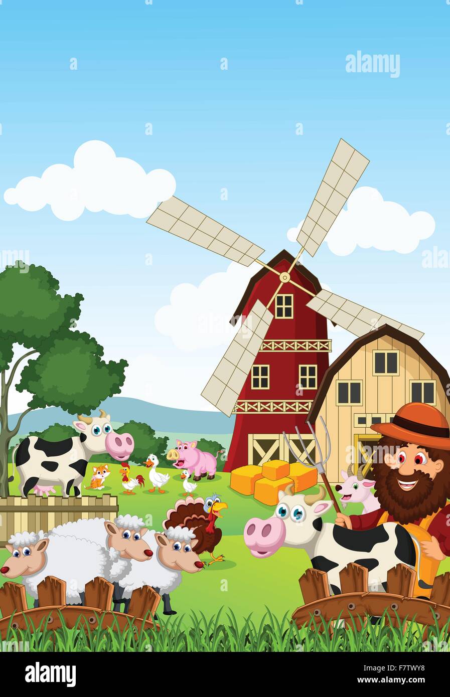 Funny farmer at his farm with a bunch of farm animals Stock Vector