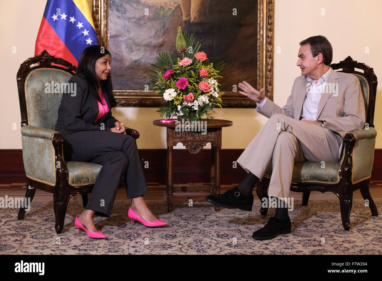 Caracas, Venezuela. 2nd Dec, 2015. Venezuela's Foreign Minister Delcy Rodriguez (L) meets with Spain's former Prime Minister Jose Luis Rodriguez Zapatero in Caracas, Venezuela, on Dec. 2, 2015. Jose Luis Rodriguez Zapatero, Panama's former President Martin Torrijos and Colombian Senator Horacio Serpa have been invited by the Venezuelan National Electoral Council to observe the parliamentary elections, to be held on Dec. 6. © Boris Vergara/Xinhua/Alamy Live News Stock Photo