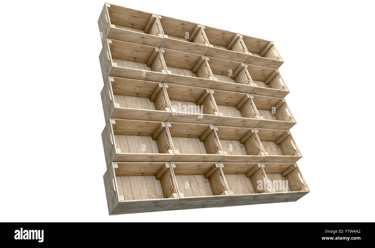 A display of stacked wooden crates on an isolated white studio background Stock Photo