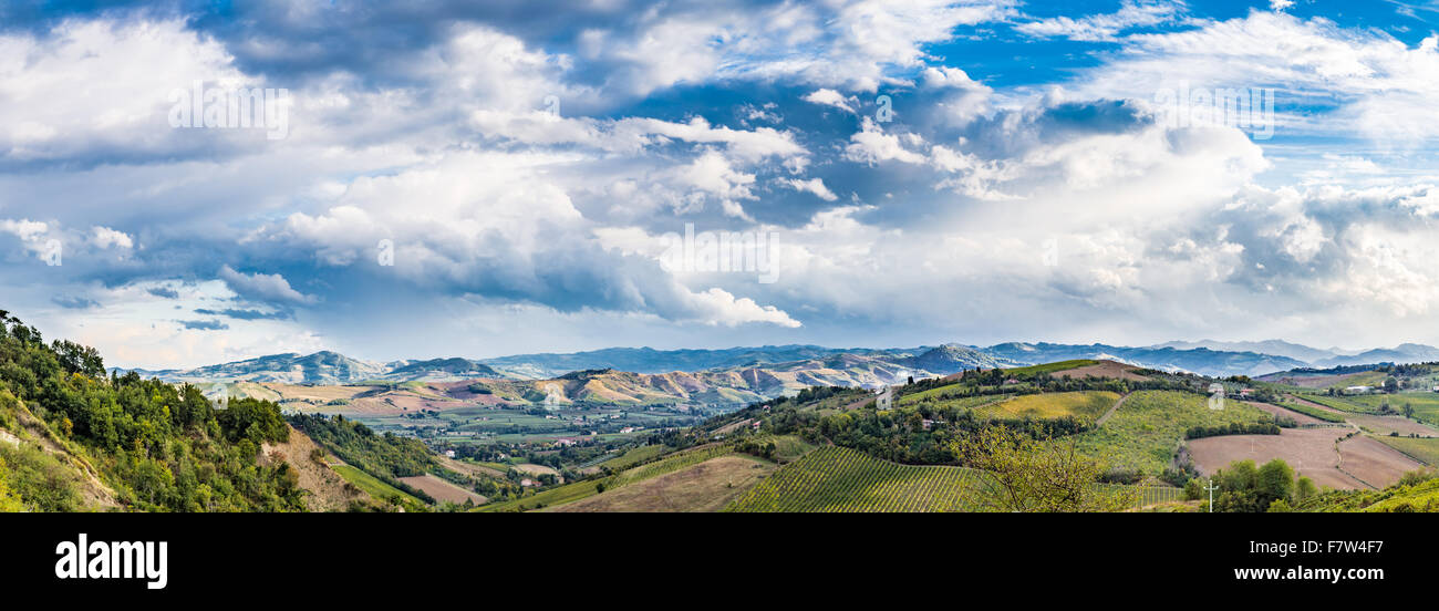 Harmonious serenity of nature and farming on the slopes of the Apennines of Romagna, cultivated fields, orchards and ridges decorated with umbrella pines and cypresses Stock Photo