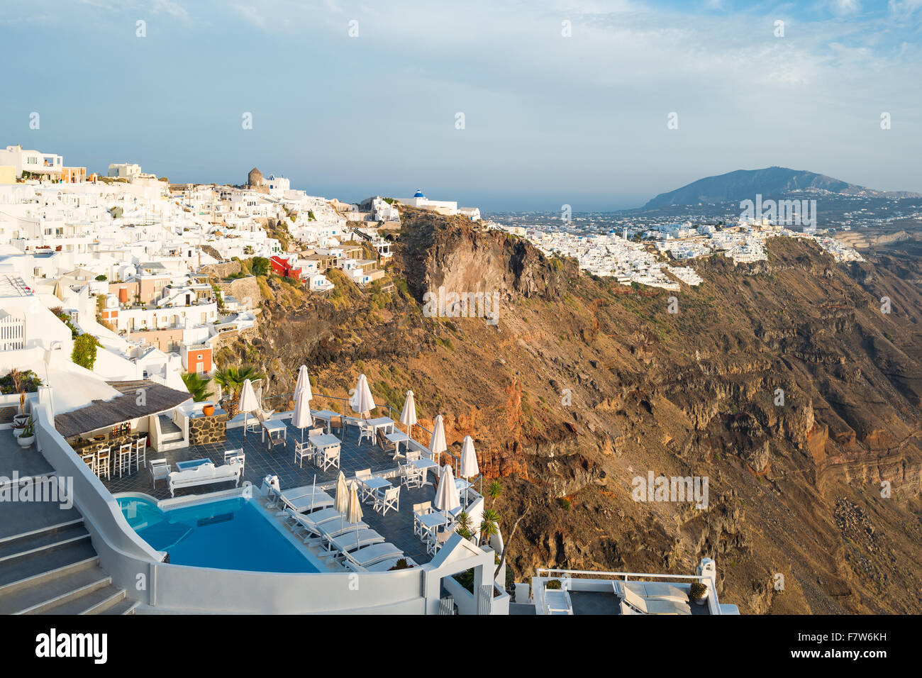 Greece, Santorini island, Imerovigli, panorama on the Fira village seen from the caldera pathway Stock Photo