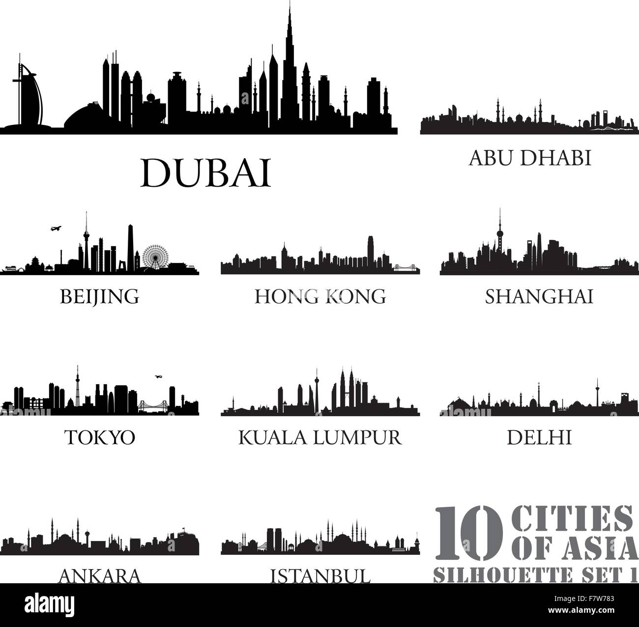 Set of skyline cities silhouettes. 10 cities of Asia #1 Stock Vector