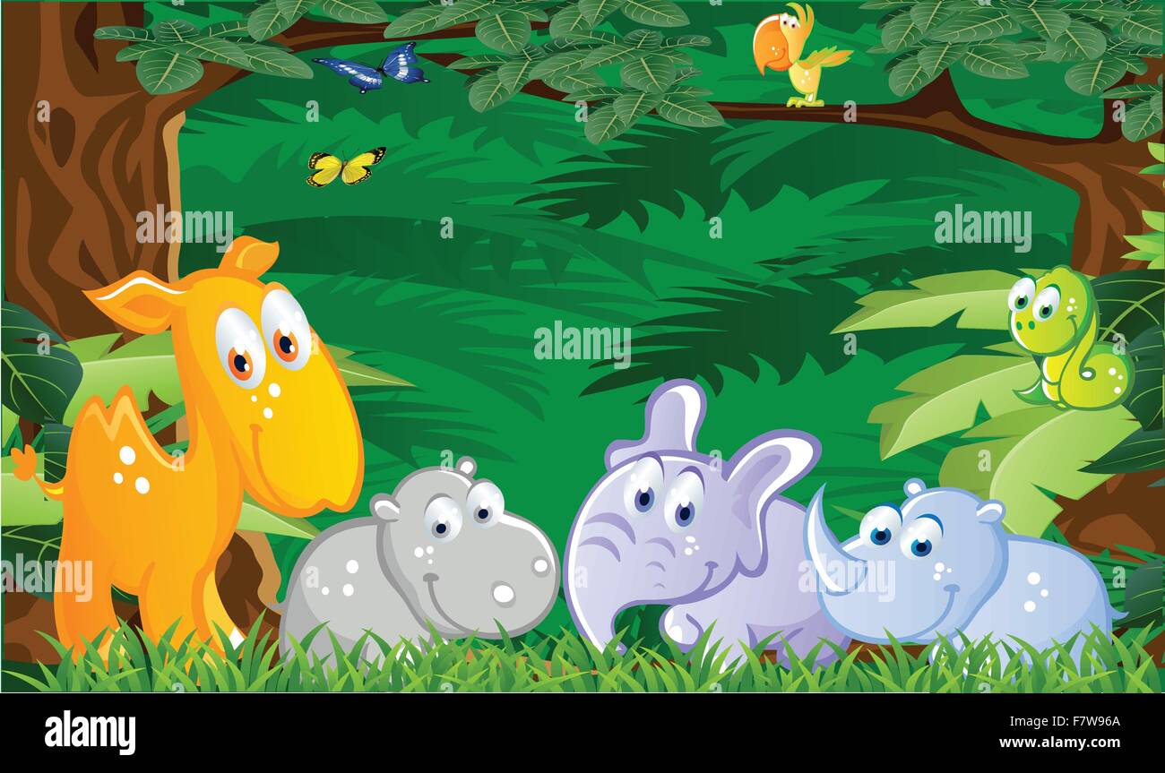 Baby animals cartoon in the jungle Stock Vector