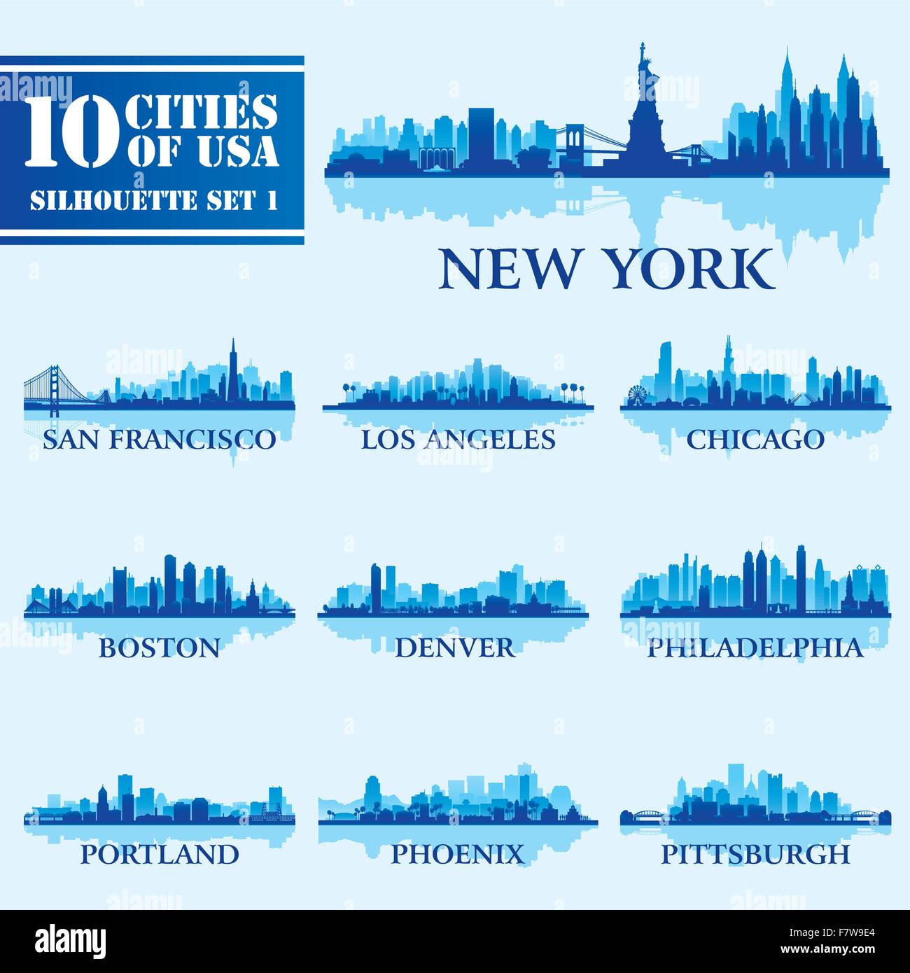 Silhouette city set of USA 1 Stock Vector