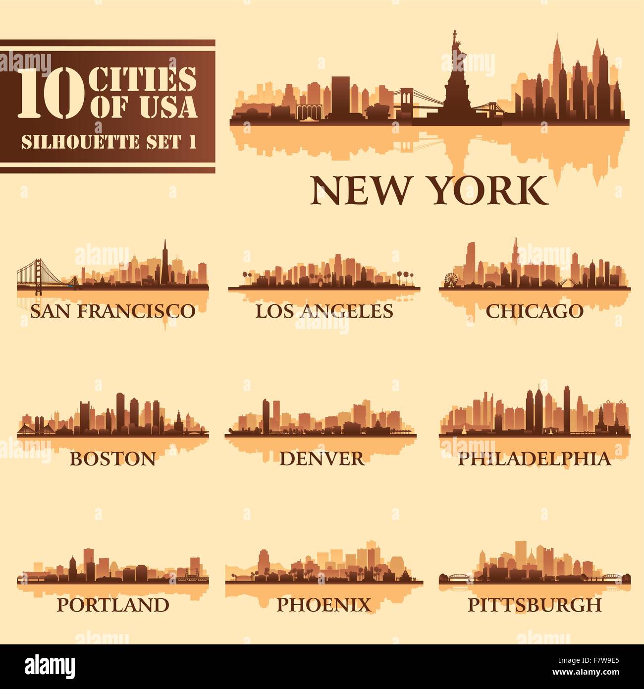 Silhouette city set of USA 1 Stock Vector
