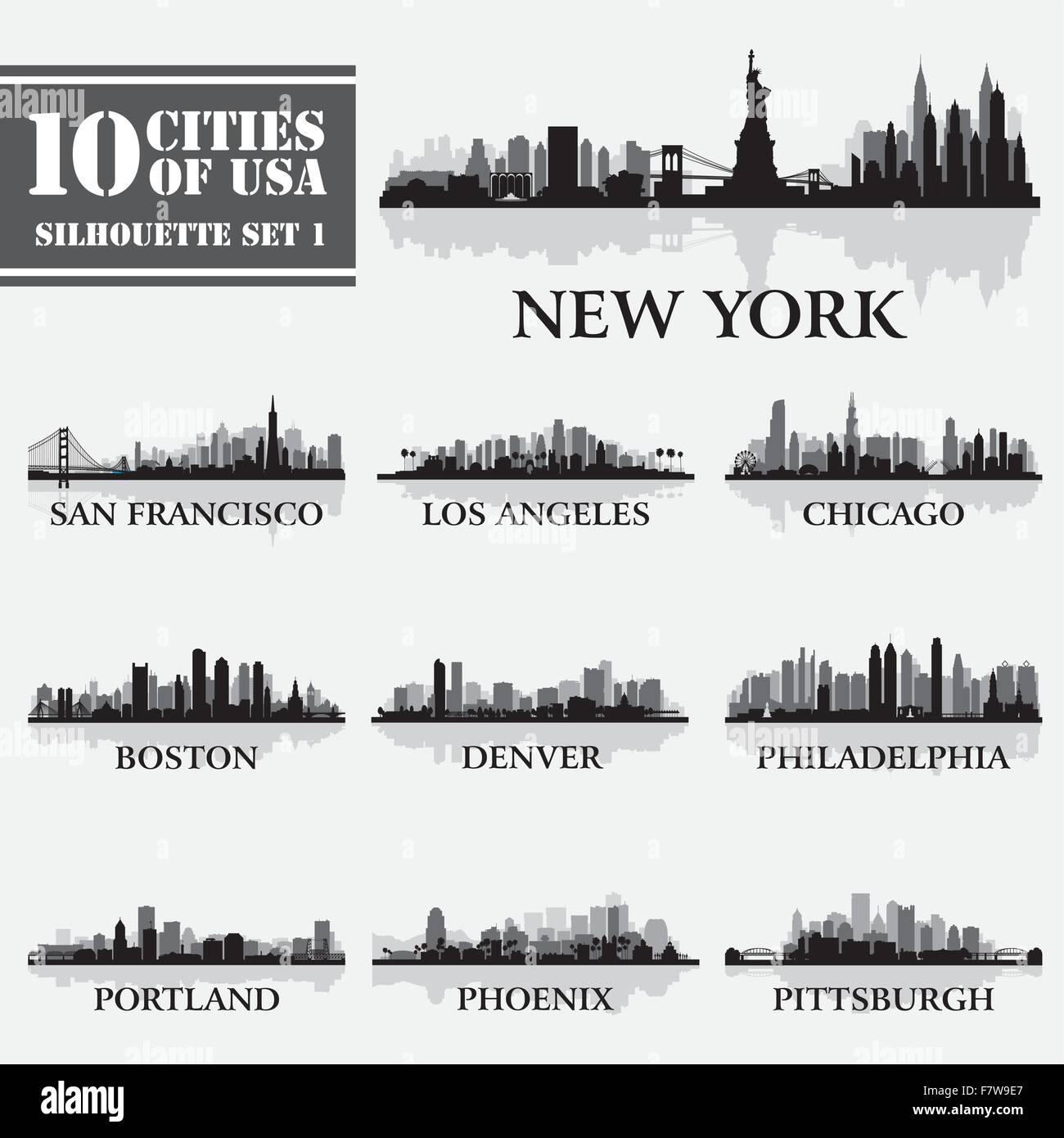 Silhouette city set of USA 1 Stock Vector