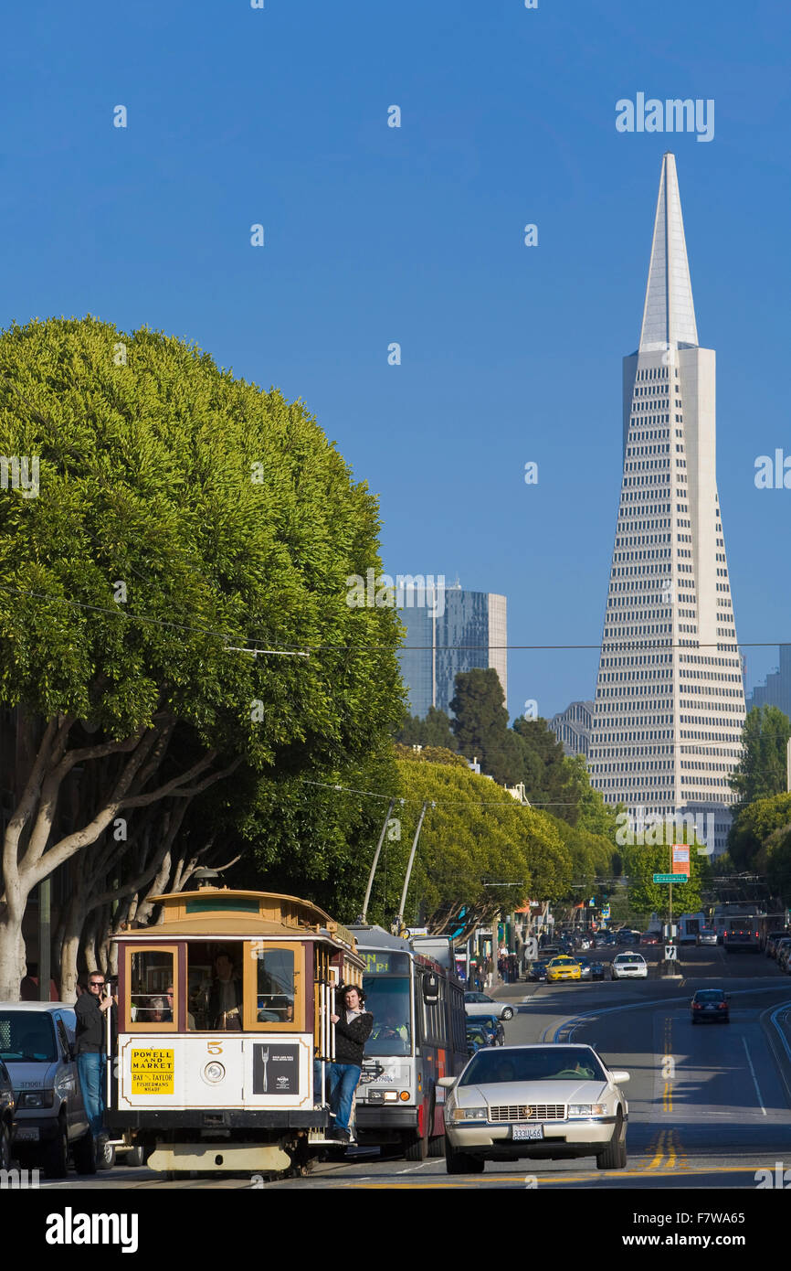 Columbus Ave, North Beach, Transamerica Building, cable car, San Francisco, California, United States Stock Photo
