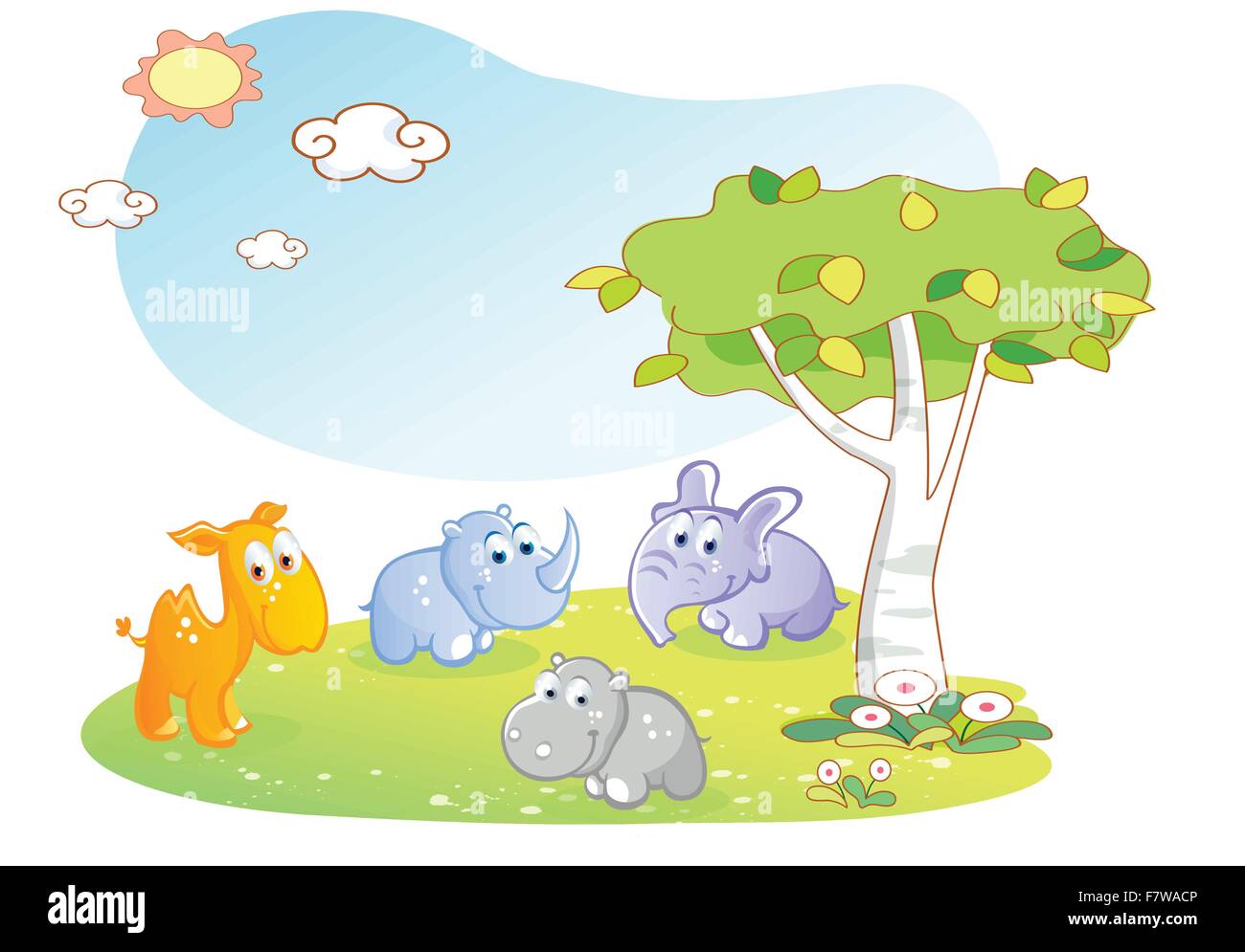 young animals cartoon with garden background Stock Vector