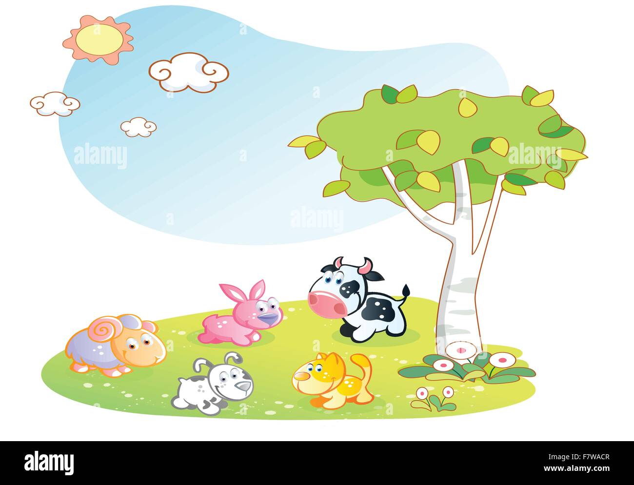 farm animals cartoon with garden background Stock Vector