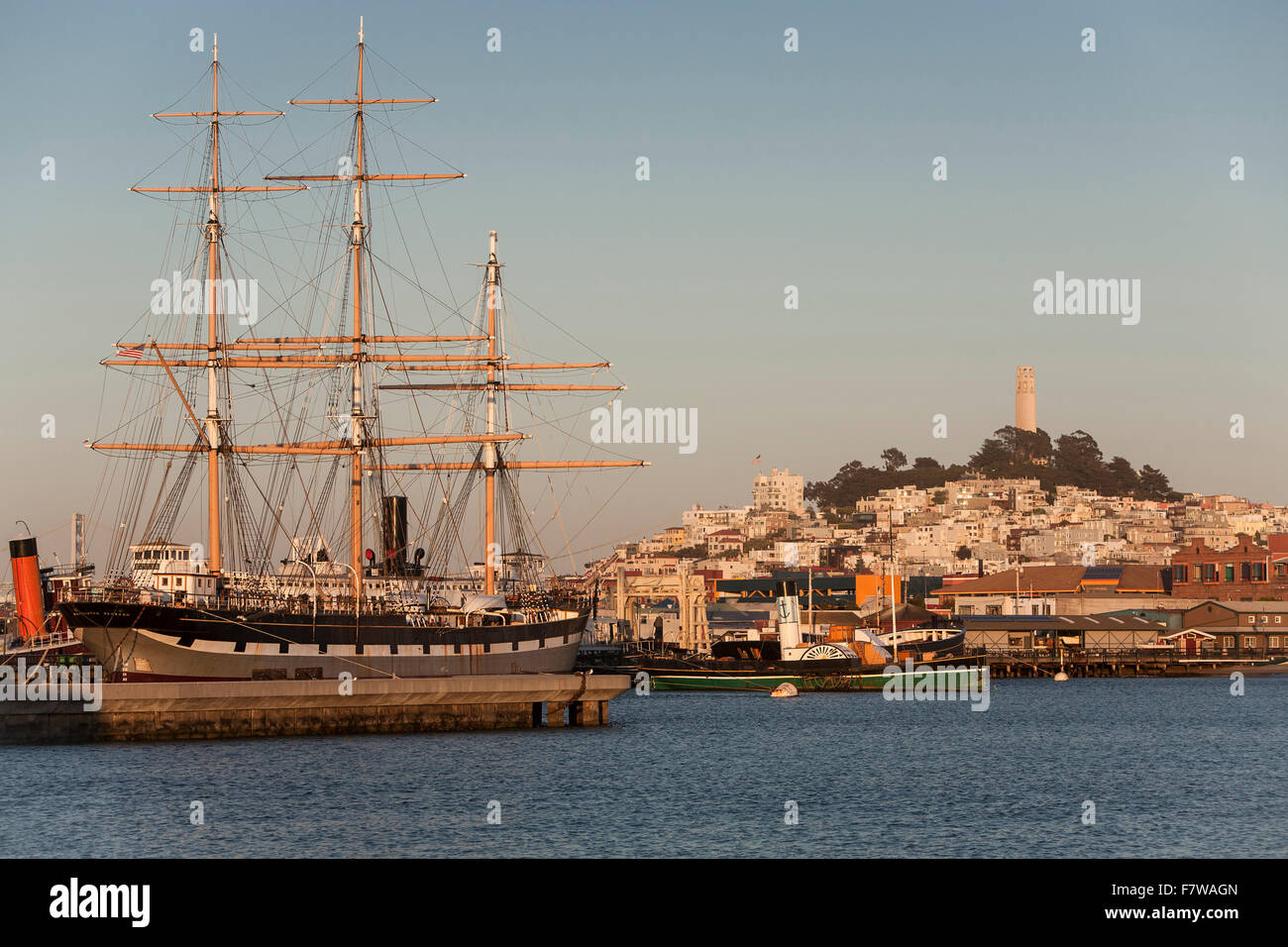 United States, California , San Francisco, The square rigged sailing ship 'Balcutha', Coit Tower on top of Telegraph Hill Stock Photo