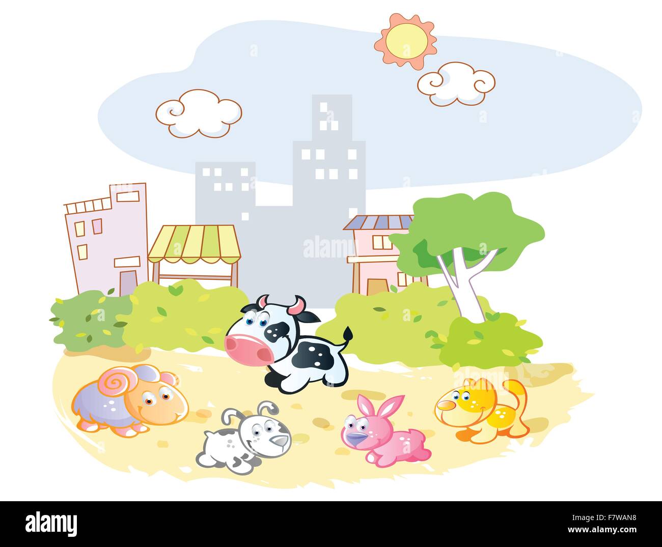 farm animals playing in the park city Stock Vector