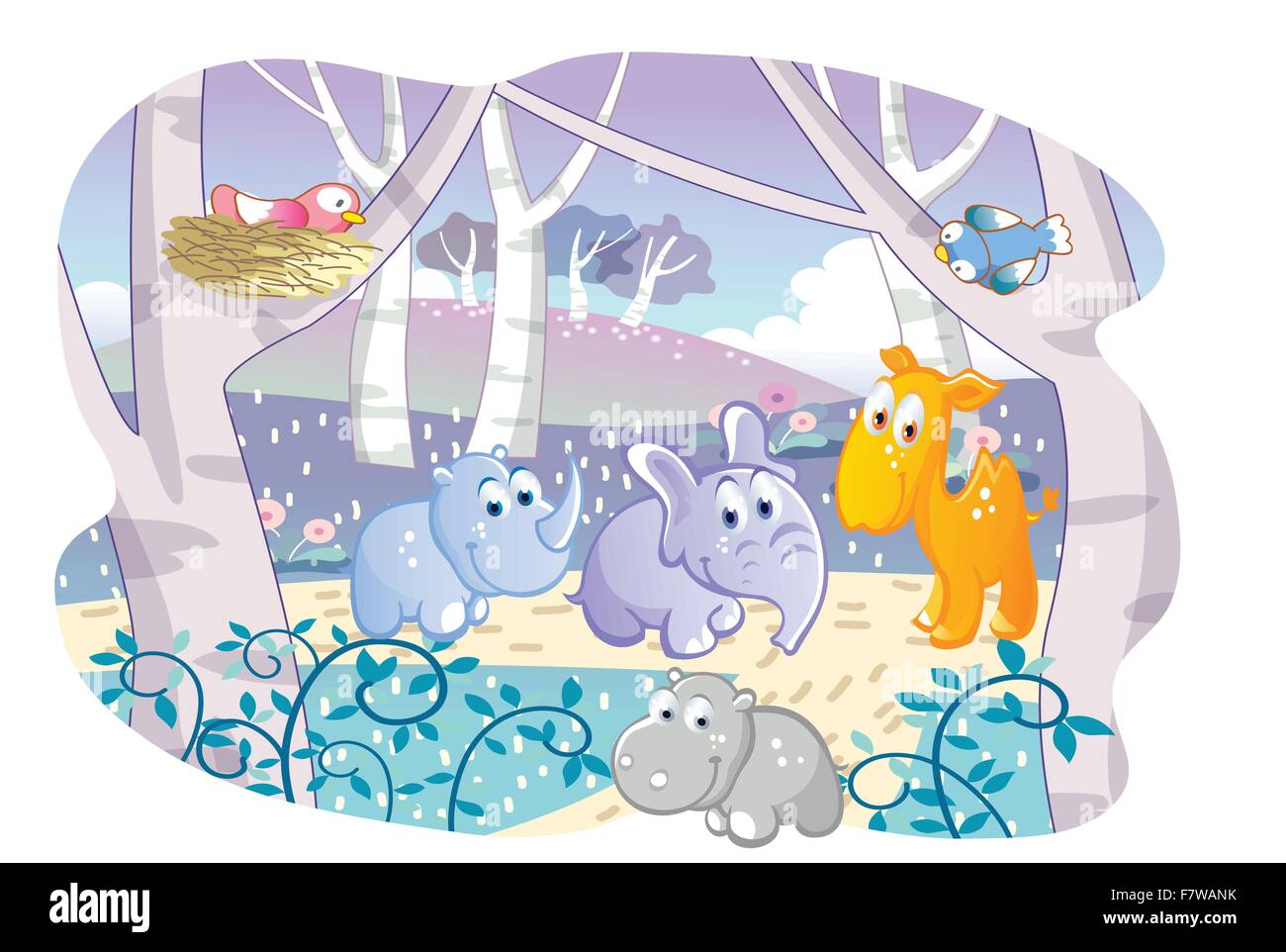 cartoon young animals playing in a beautiful garden Stock Vector