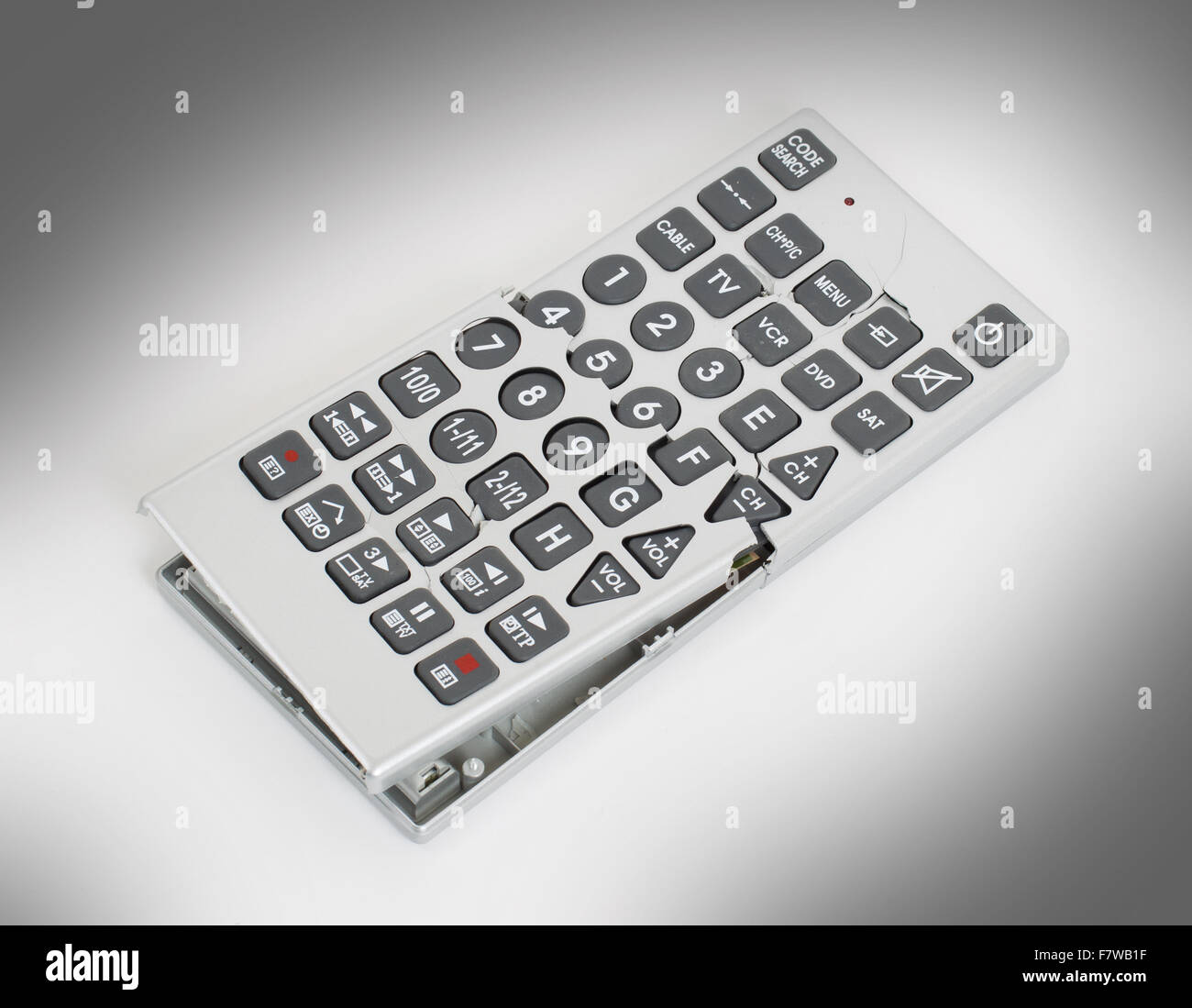 Broken old remote control tv, isolated on white background Stock Photo