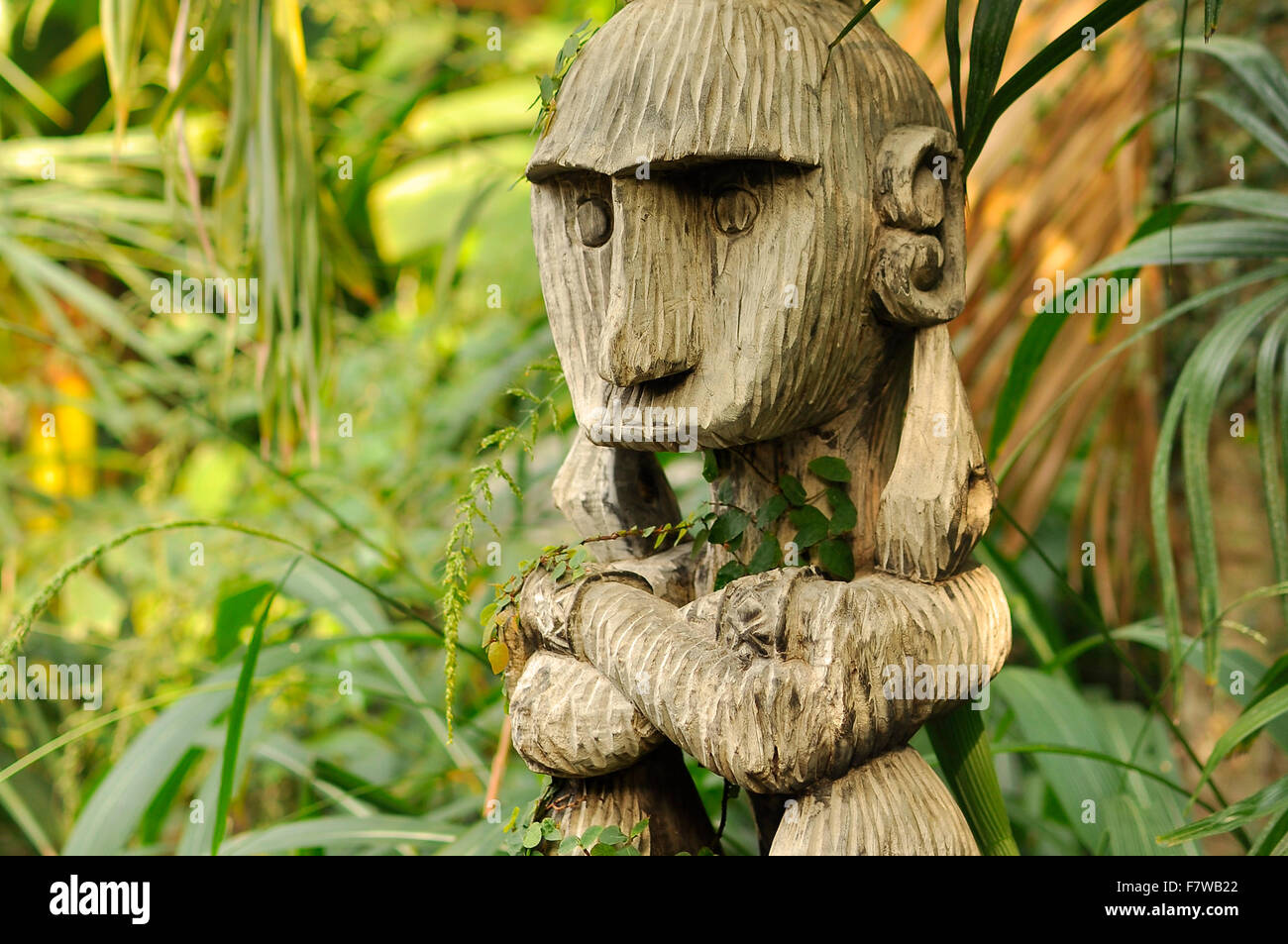 Southeast Asian overgrown tribal woodcarving in the jungle Stock Photo