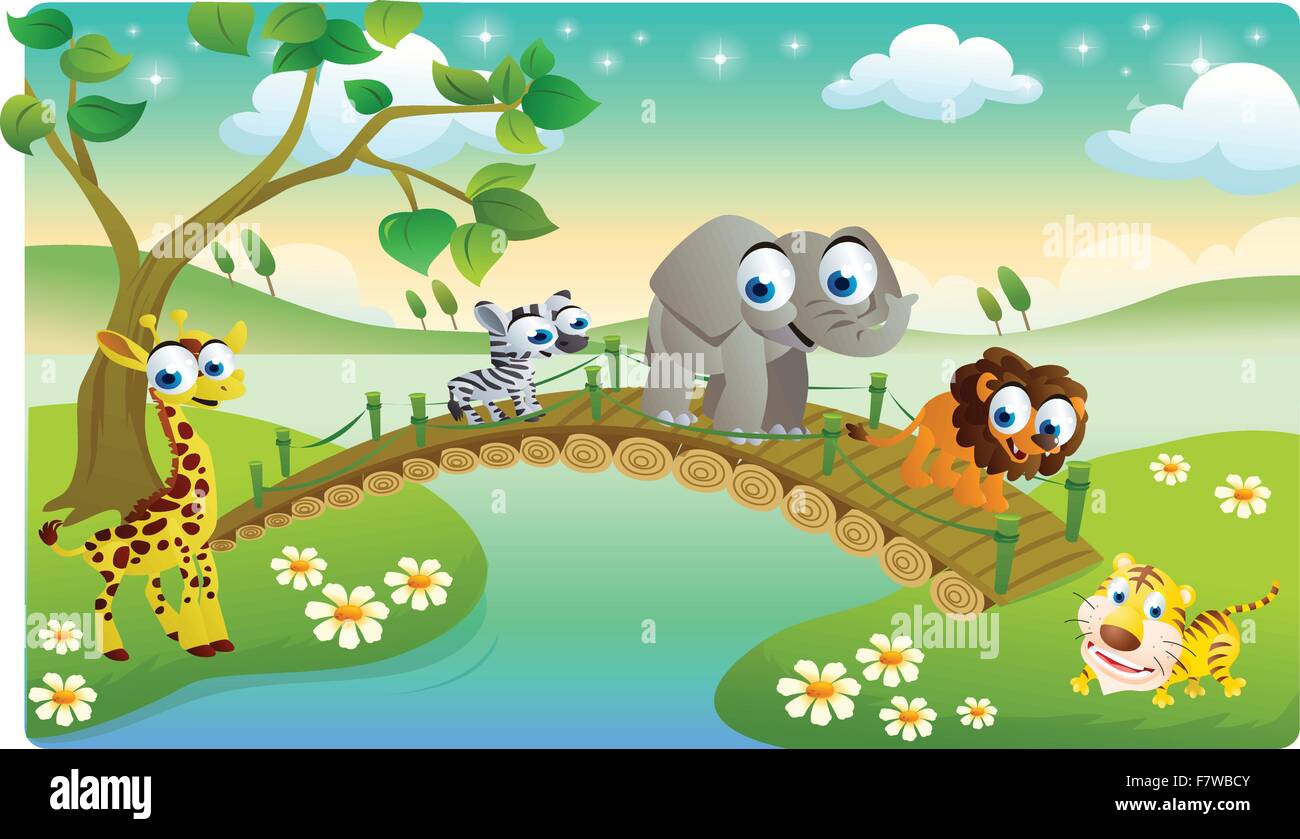 cartoon animals playing with beautiful scenery Stock Vector