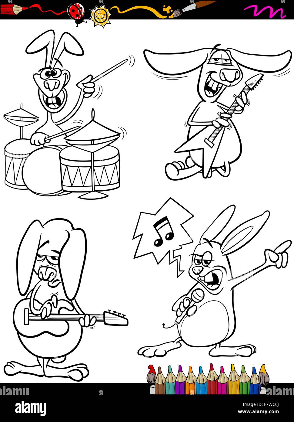 rabbits musicians set cartoon coloring book Stock Vector