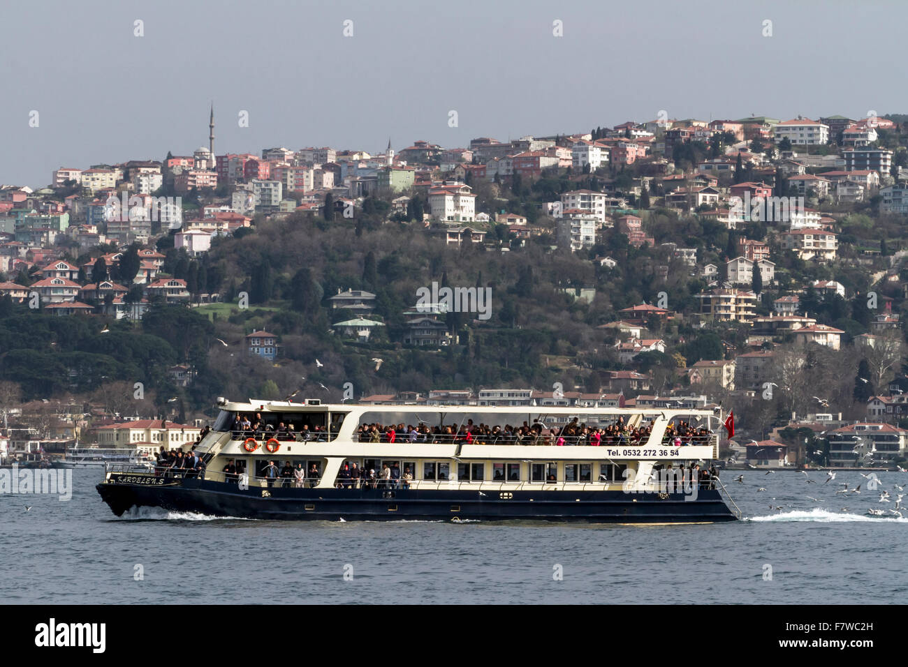 Double-decker Tour Boat, Ortaköy, Istanbul, Turkey Stock Photo