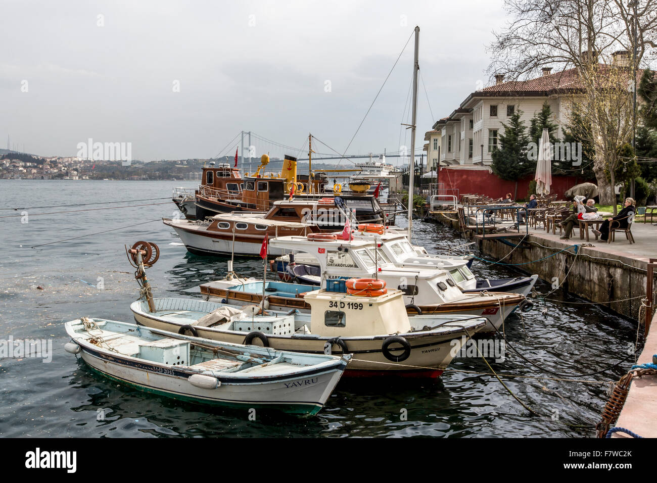 Moored Boat at Harbour, Ortaköy, Istanbul, Turkey Stock Photo
